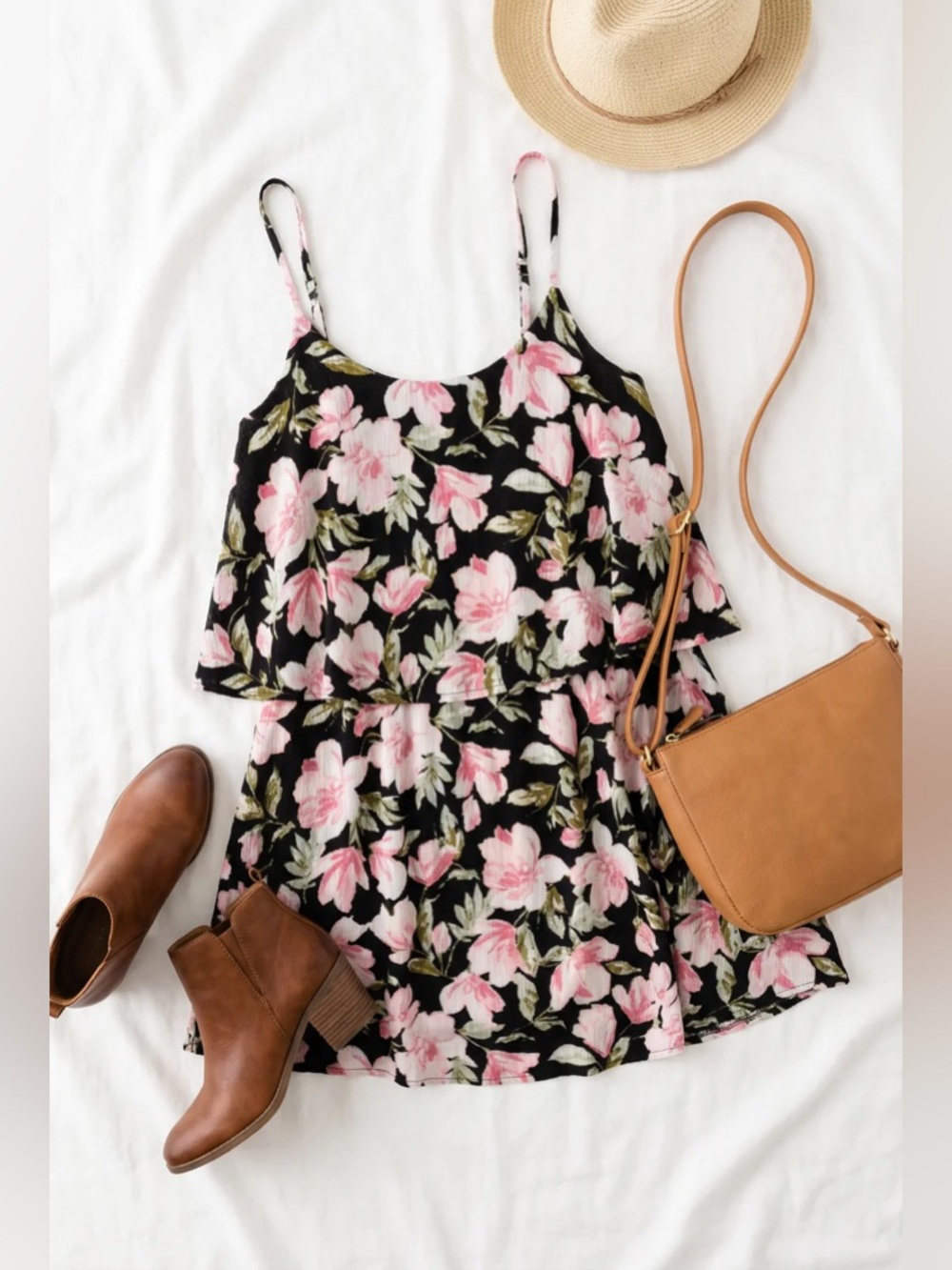 127 PS Kate Black Floral Ruffle Tier Spaghetti Strap Tank Top